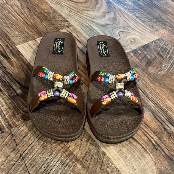 grandco Shoes - Brown Beaded Sandals with Bohemian Flair